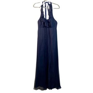Amsale Blue Silk Chiffon Halter Ruffle Maxi Formal Dress Prom Size 6
